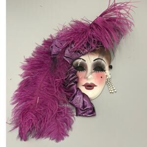 Unique Creations Lady Face Mask Wall Art Limited Edition Signed Pink Feathers
